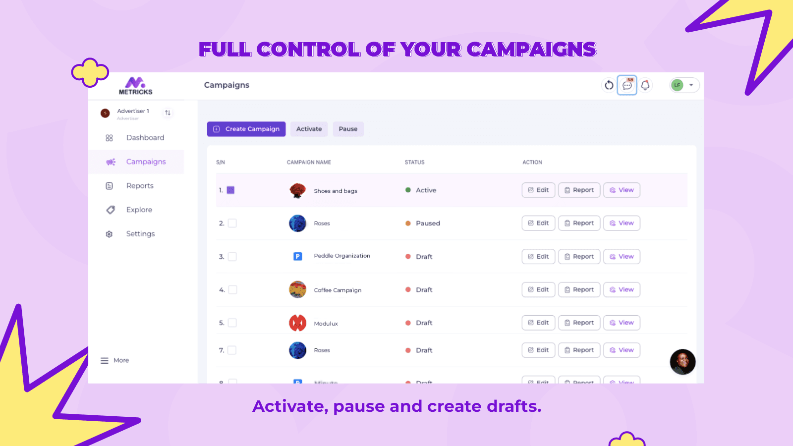 Experience full control of all your campaigns on Metricks