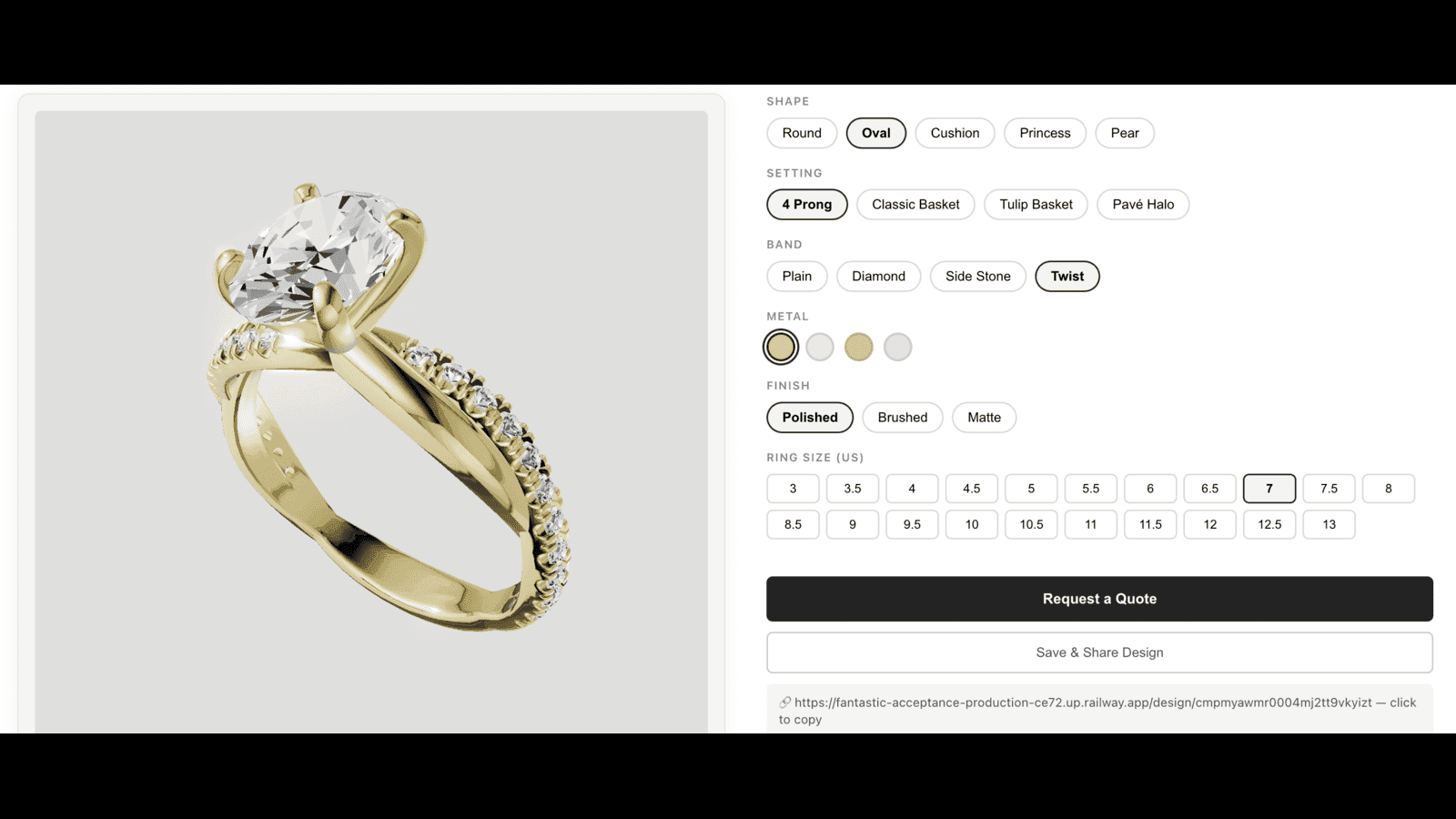 Left side 3D interactive ring rendering & right side settings