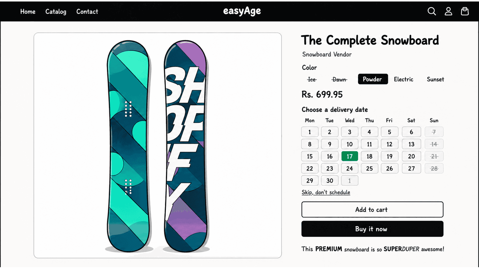 Storefront calendar on product page — selected date highlighted,