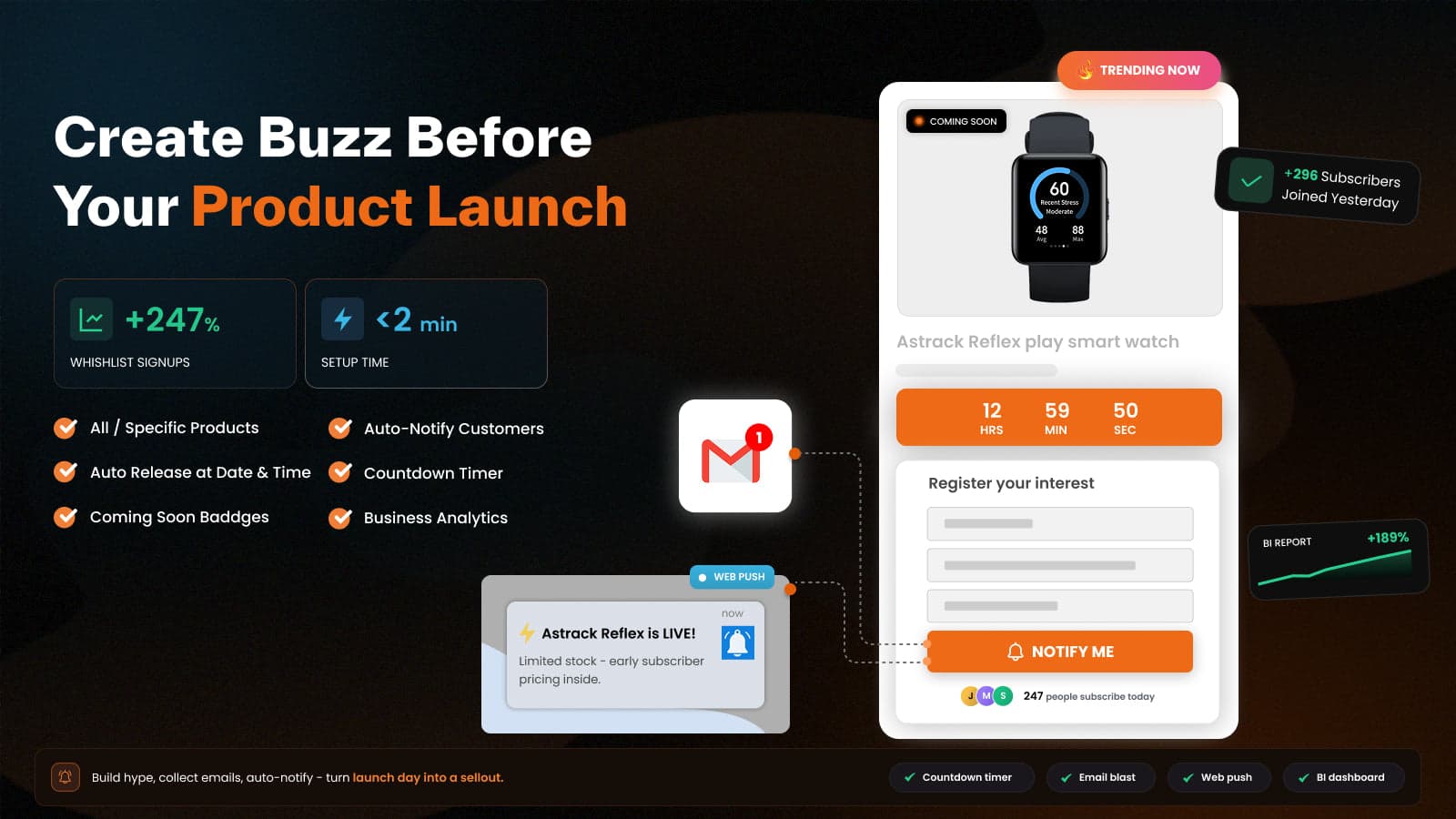 Product coming soon page with countdown & notify me waitlist