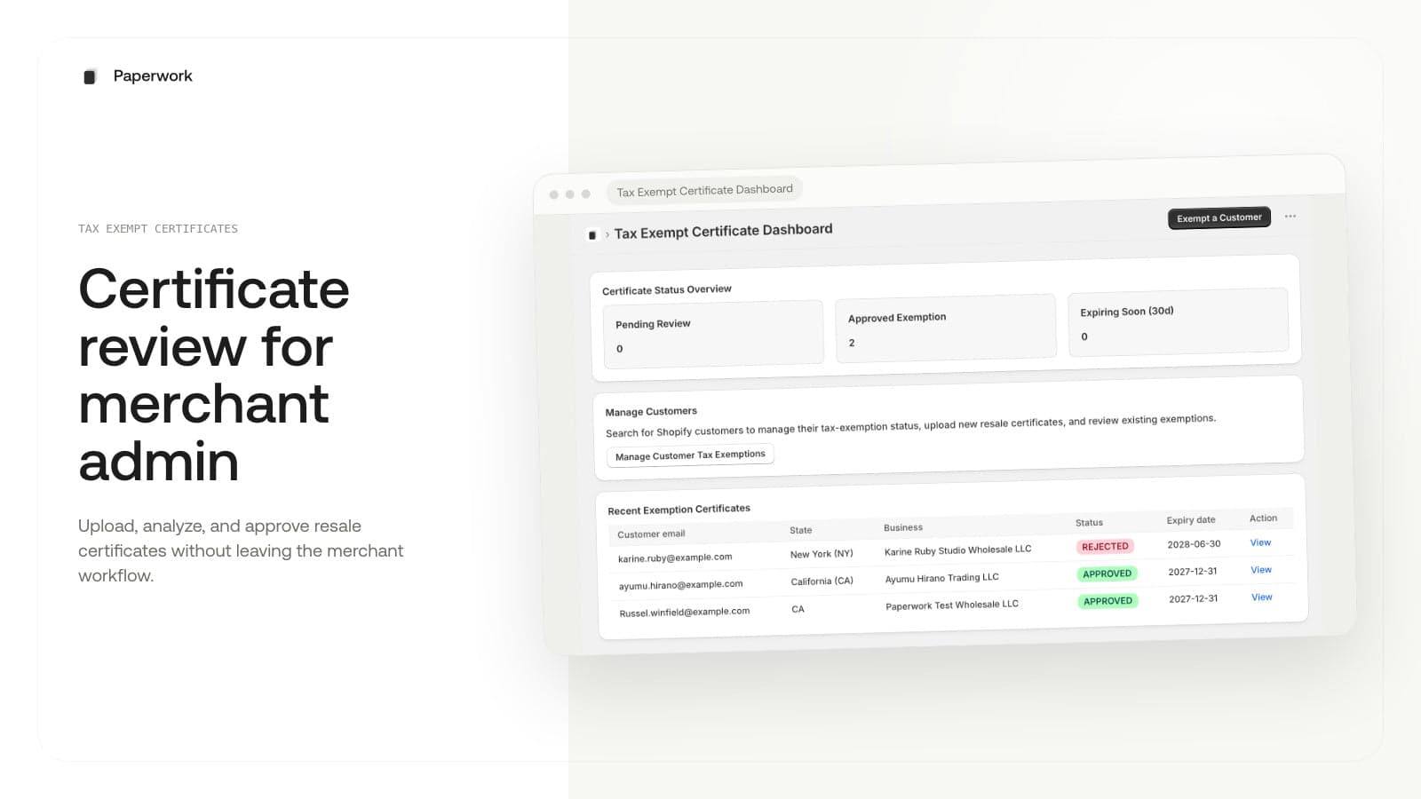 Tax exemption certificate review in Shopify Admin