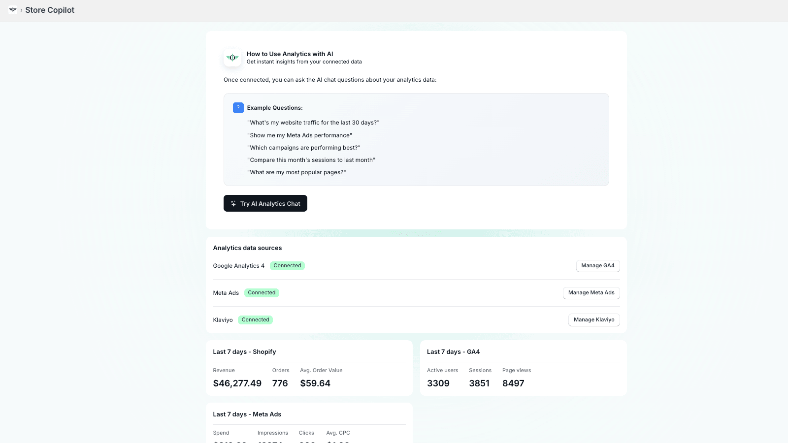 Landing dashboard of Store Copilot