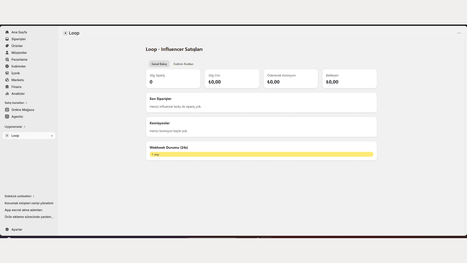 Loop dashboard showing influencer sales and commissions