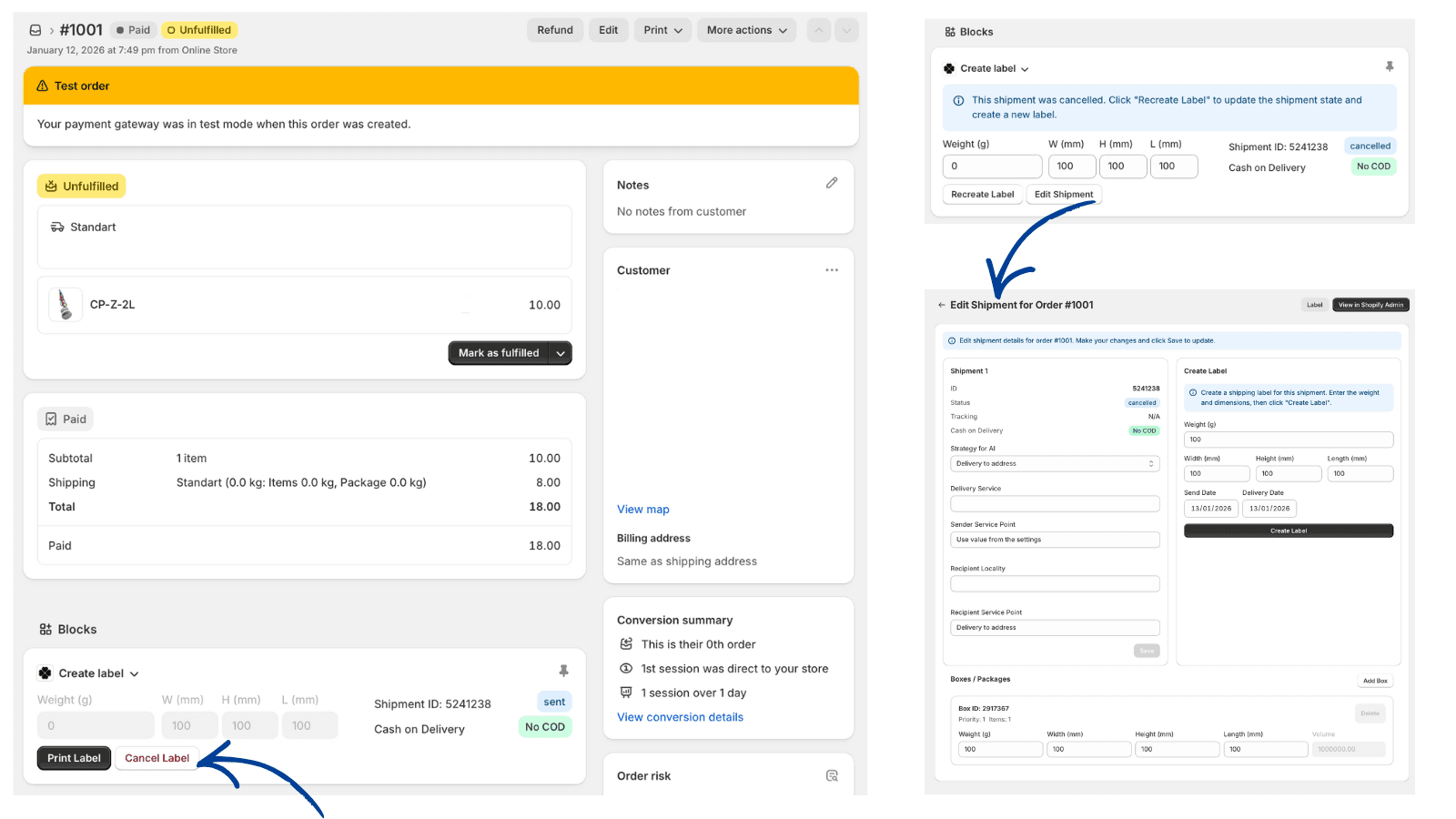 Create, cancel, and edit shipping from admin panel