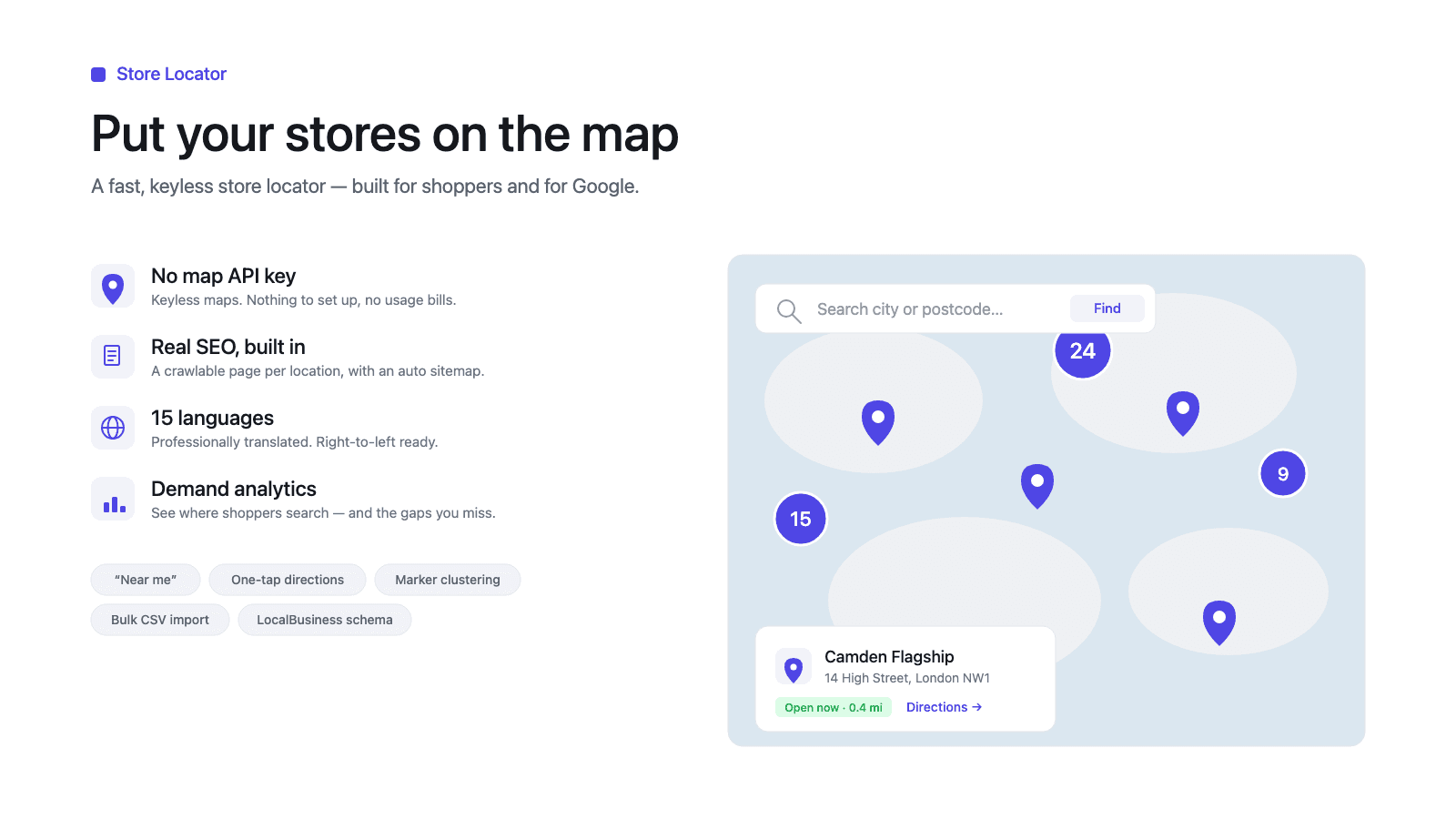 Store locator: keyless map, SEO, 15 languages, analytics
