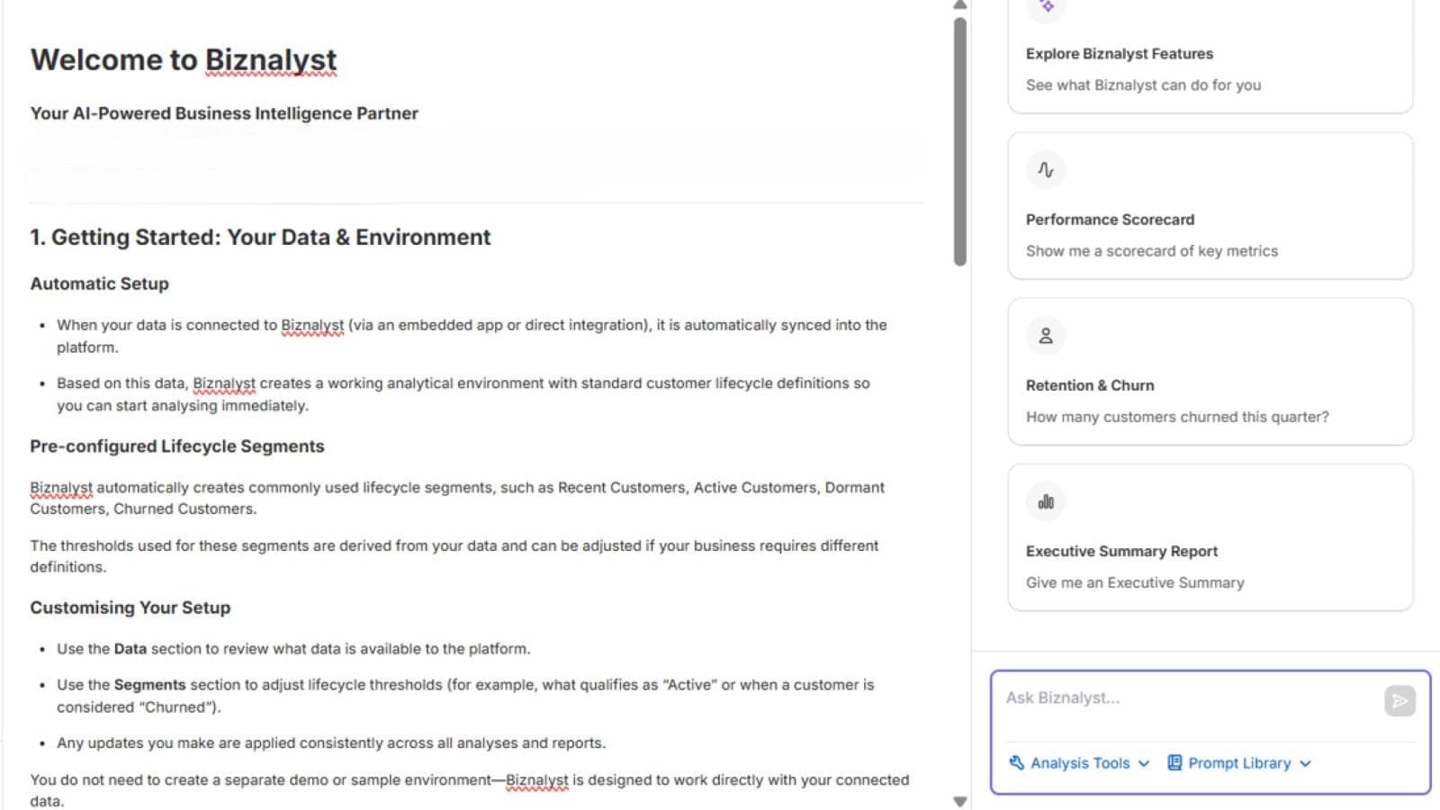 Welcome document with Biznalyst agent chat