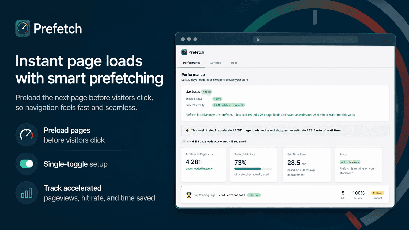 Prefetch app dashboard showing smart prefetching results