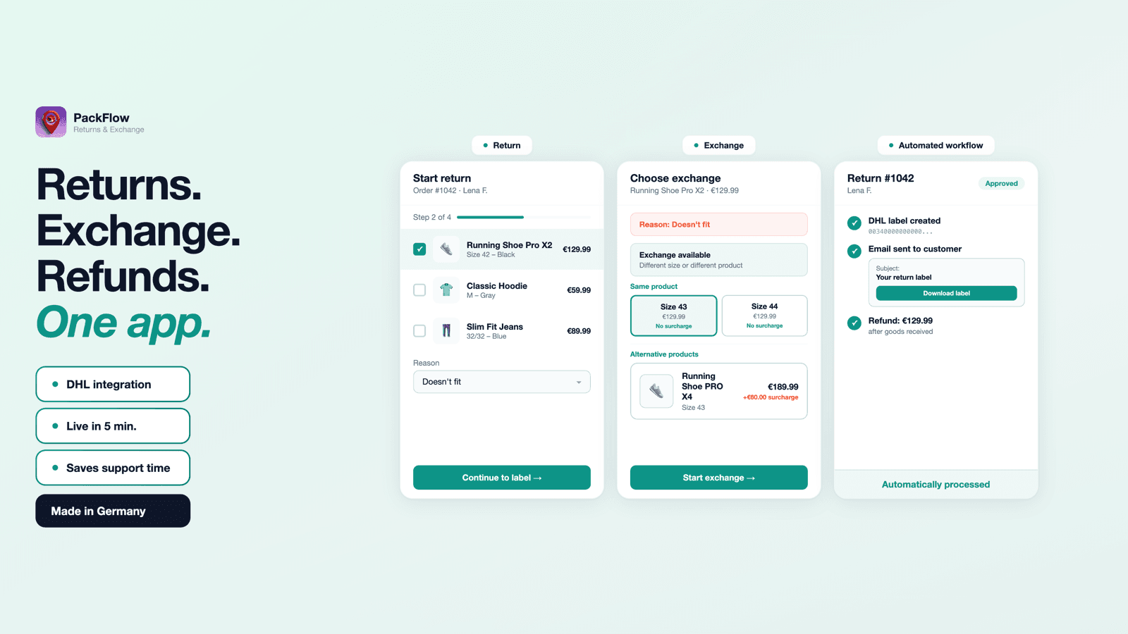 Return portal with exchanges, labels, and automated refunds
