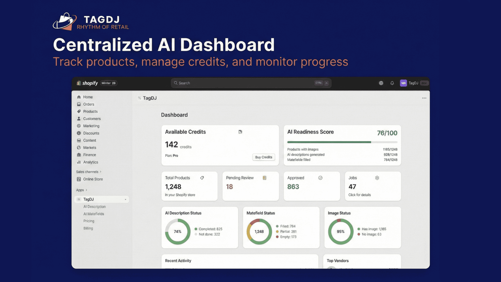 TagDJ dashboard with AI readiness score and product sync status