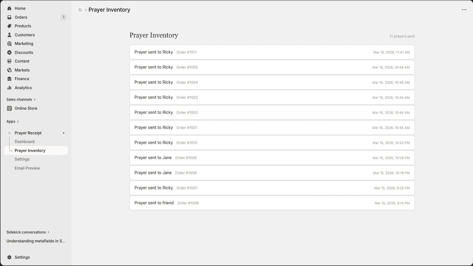 Prayer Inventory listing all sent prayers by date