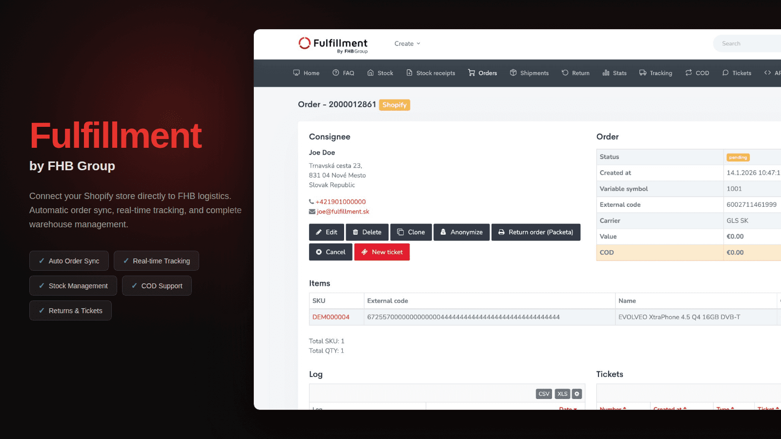 Fulfillment by FHB Group - Shopify app dashboard showing order m