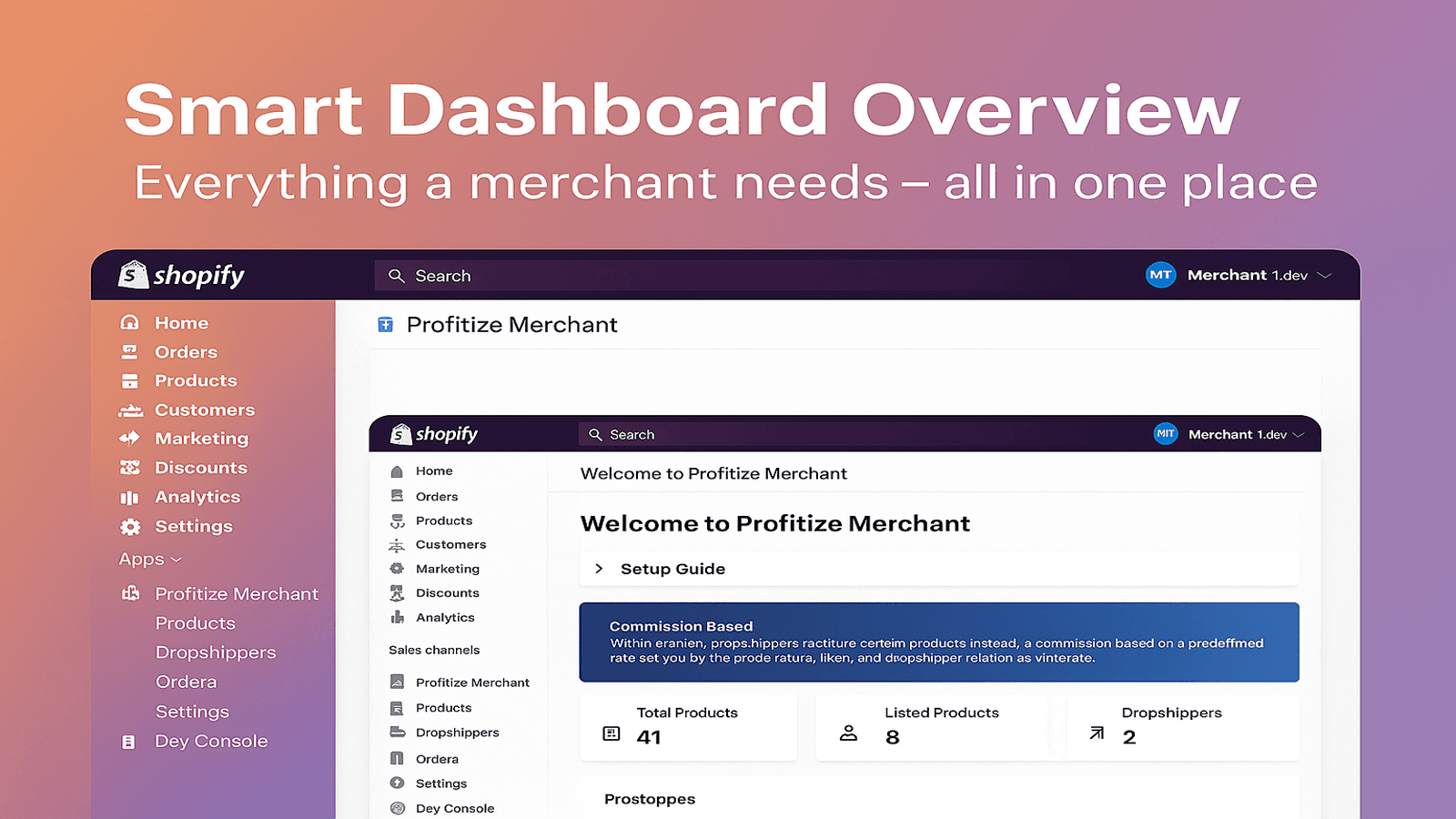 Profitize Merchant dashboard overview screen