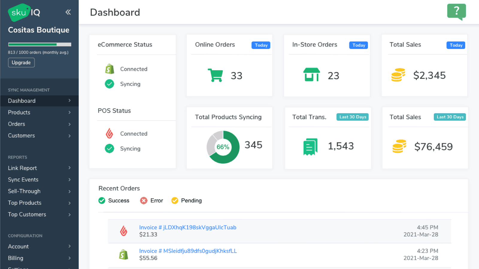 Screen view of SKU IQ Dashboard page