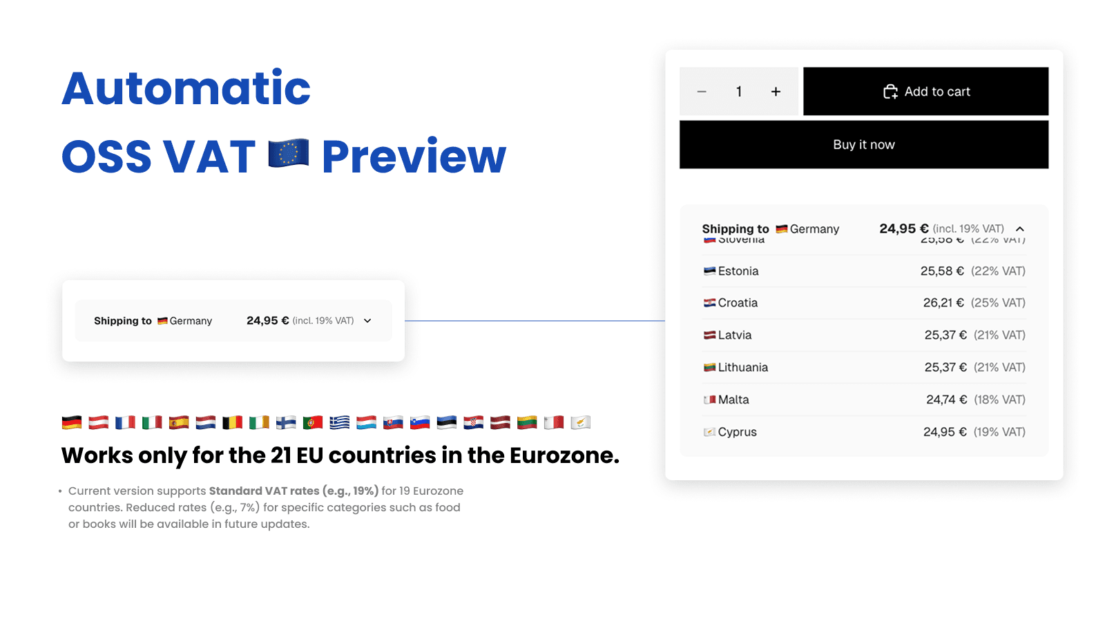 Show EU prices in EUR including VAT rates automatically.