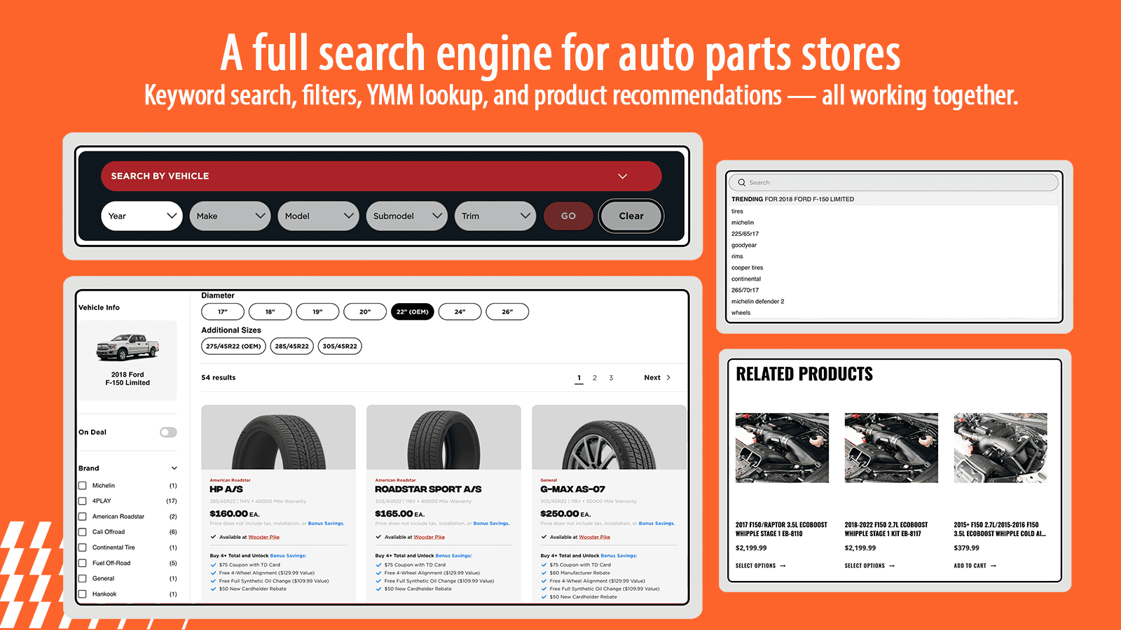 Keyword search, filters, YMM lookup, and product recommendations