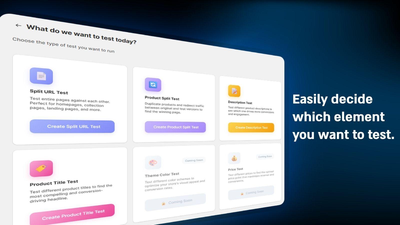 AB testing dashboard with multiple test type options