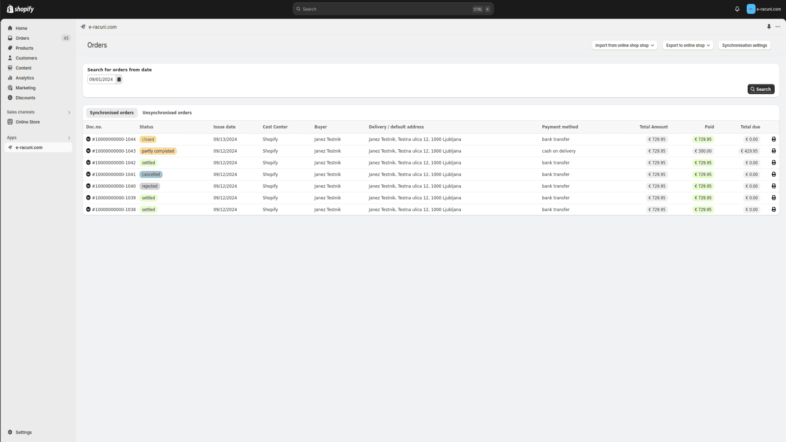 Overview table of synchronized sales orders
