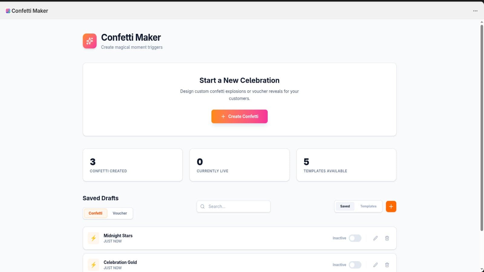 Admin dashboard for creating and managing confetti effects