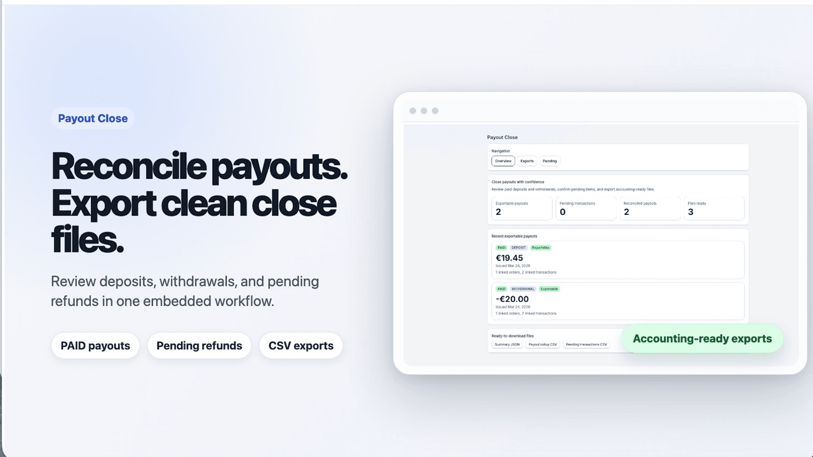 Payout close dashboard with accounting export workflow