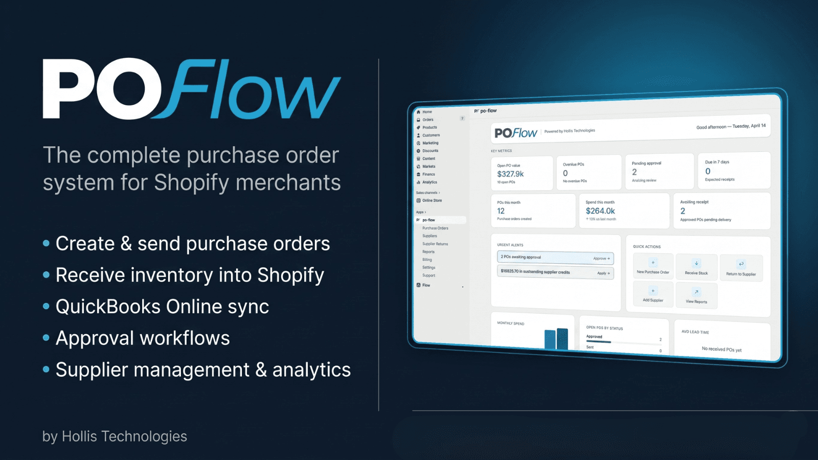 PO Flow dashboard showing purchase order metrics, urgent alerts