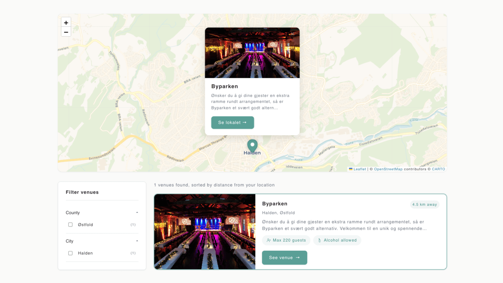Store locator map with venue popup showing details and photo