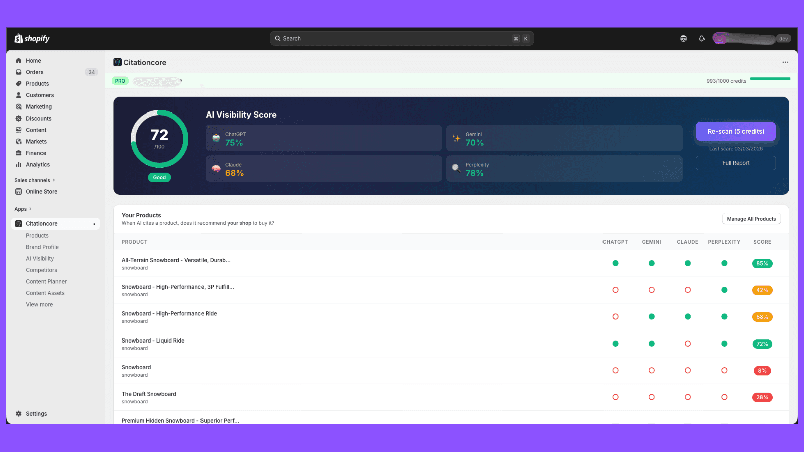 AI visibility dashboard with score, stats and citation growth