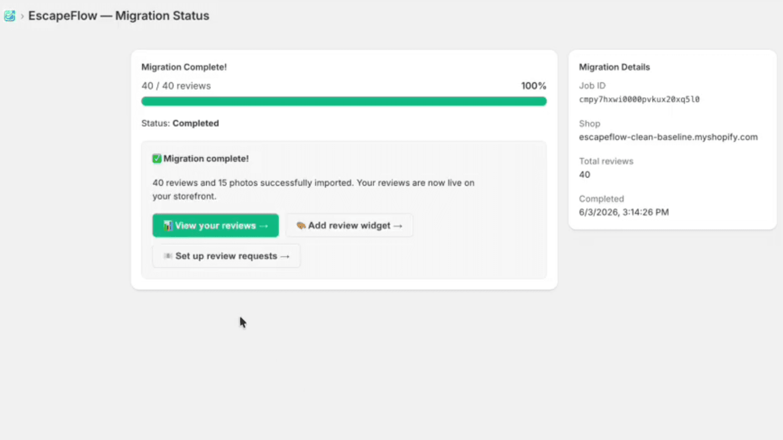 Migration dashboard showing successful review import from Loox.