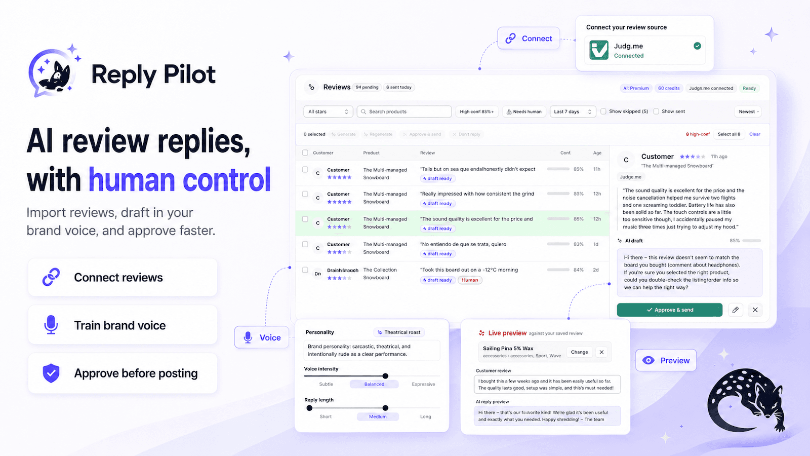Reply Pilot dashboard for AI review replies, brand voice