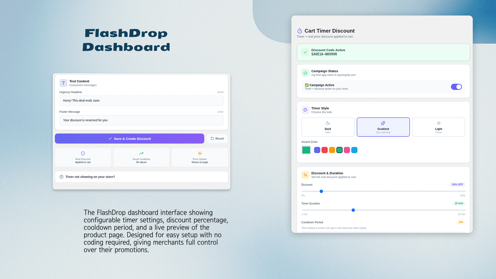 FlashDrop dashboard with timer & live preview