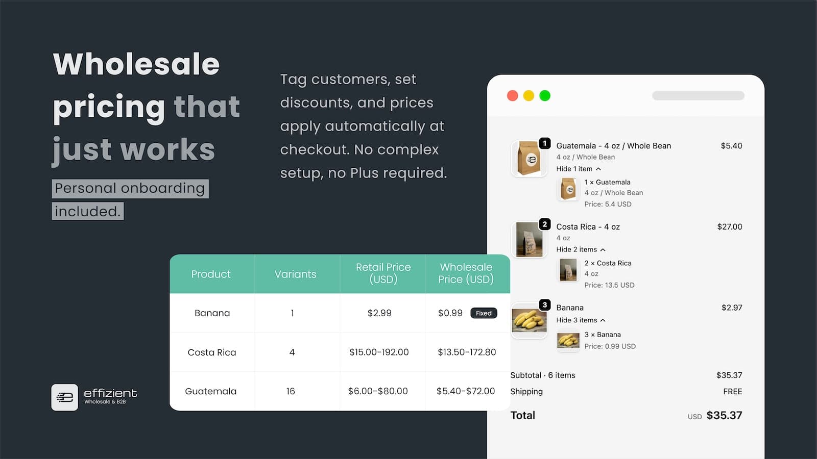 Wholesale price list and checkout with automatic discounts appli