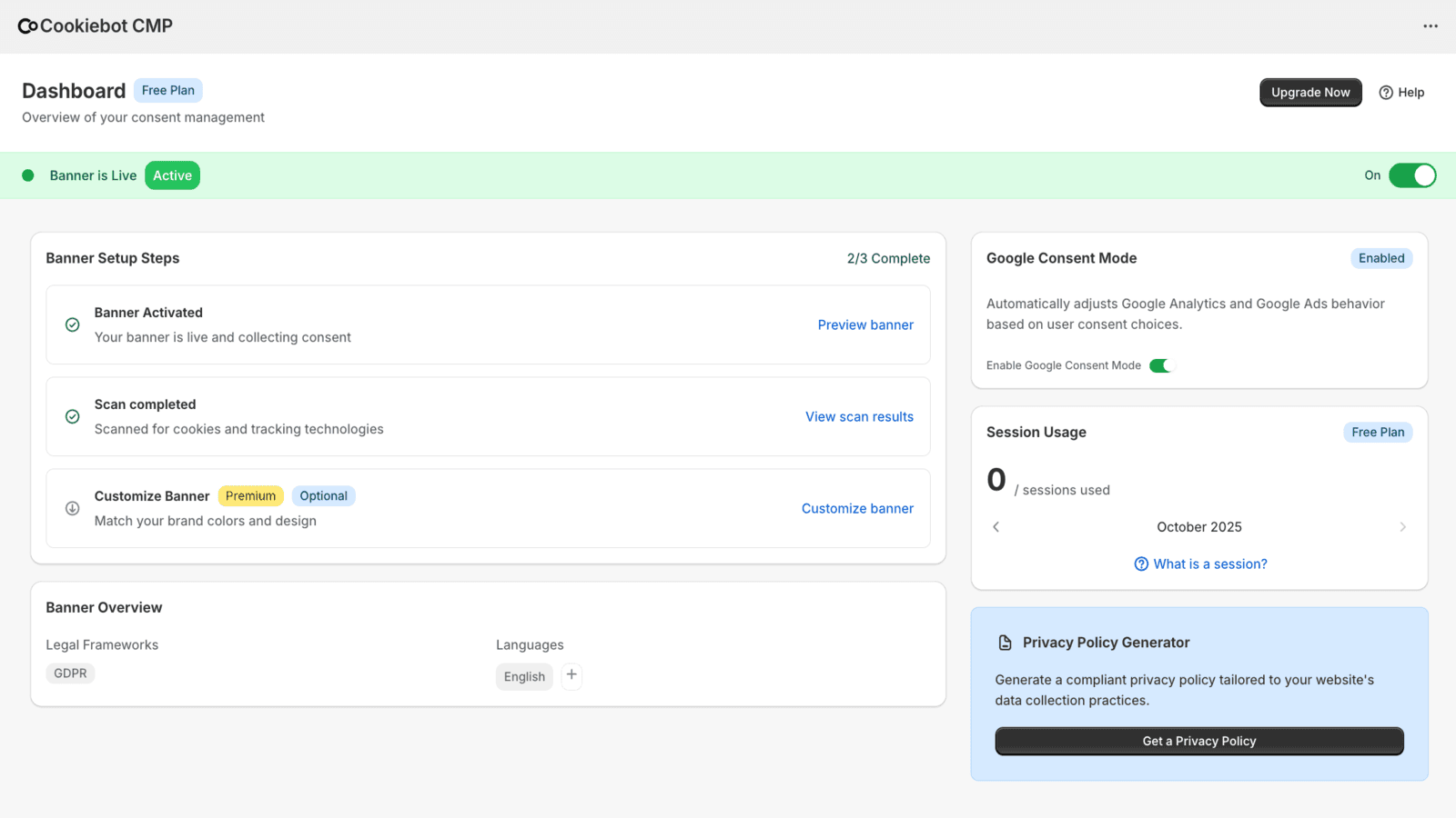 Shopify GDPR cookie consent banner dashboard overview