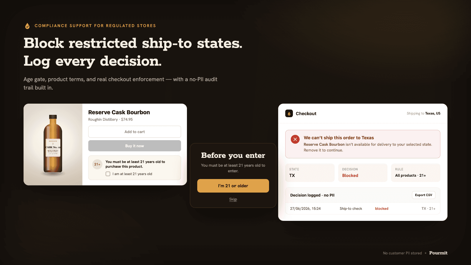 Pourmit blocks Age restricted ship-to states and logs decisions