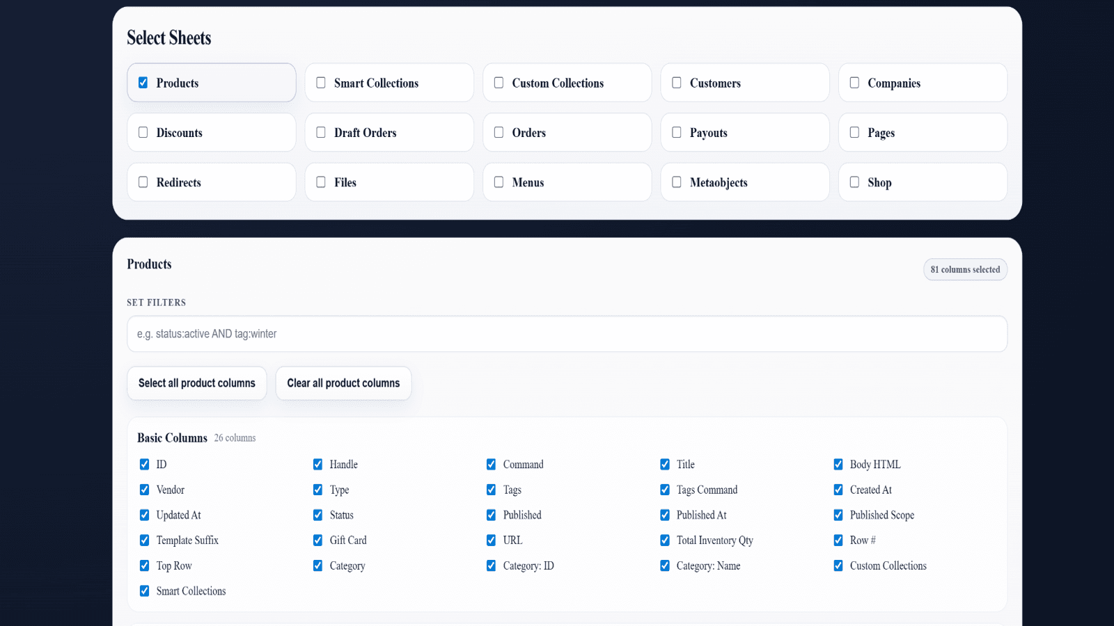 Export product data with filters and column selection
