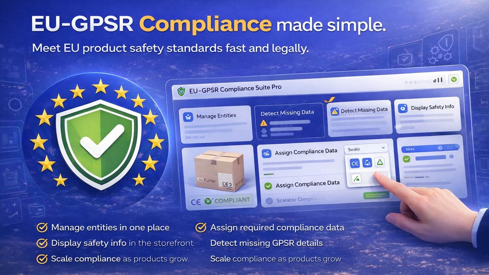 EU GPSR compliance dashboard showing product safety features