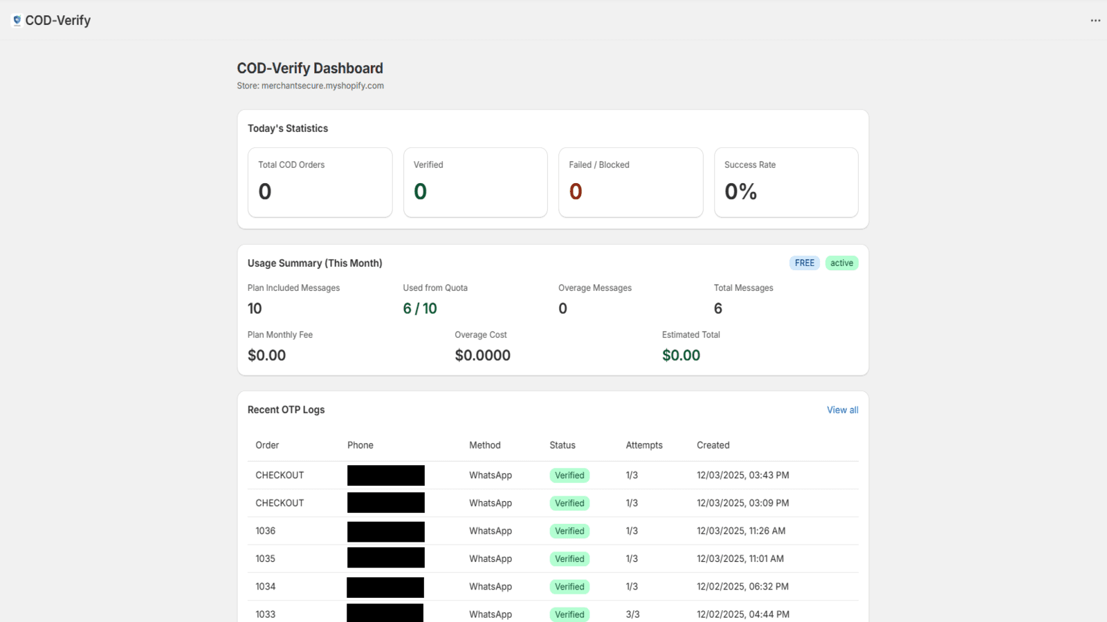 COD-Verify dashboard showing OTP verification stats and logs