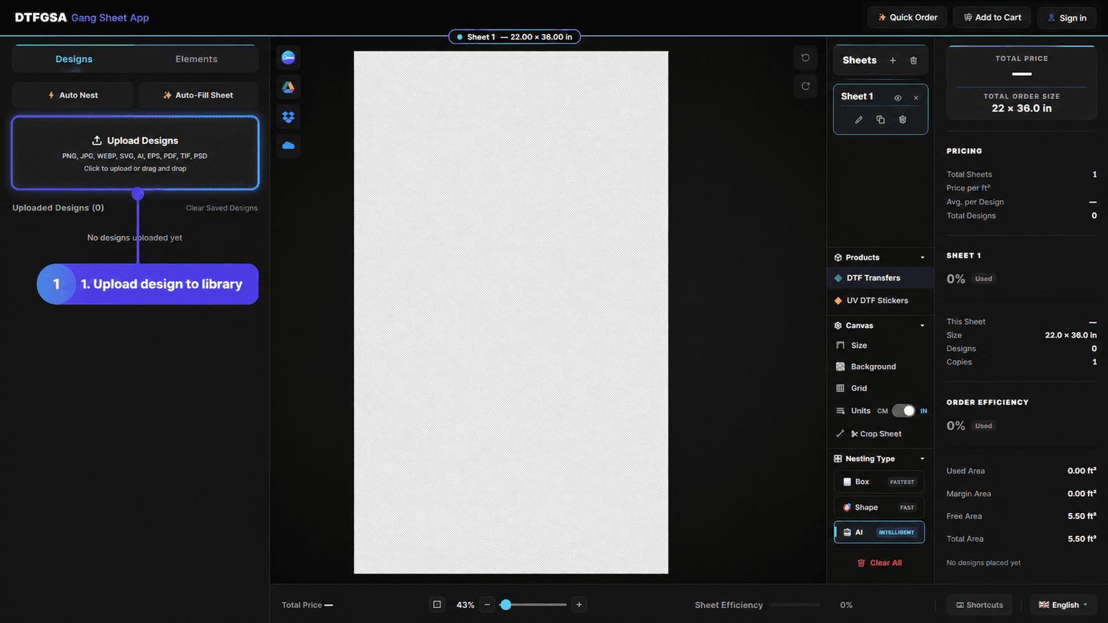 Upload design to DTF gang sheet builder library