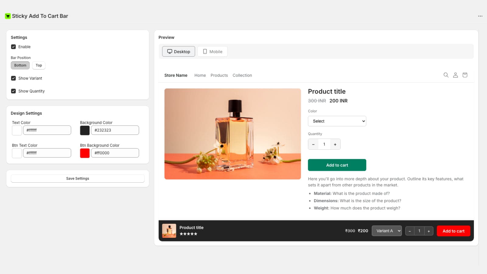 Sticky Add to cart bar app