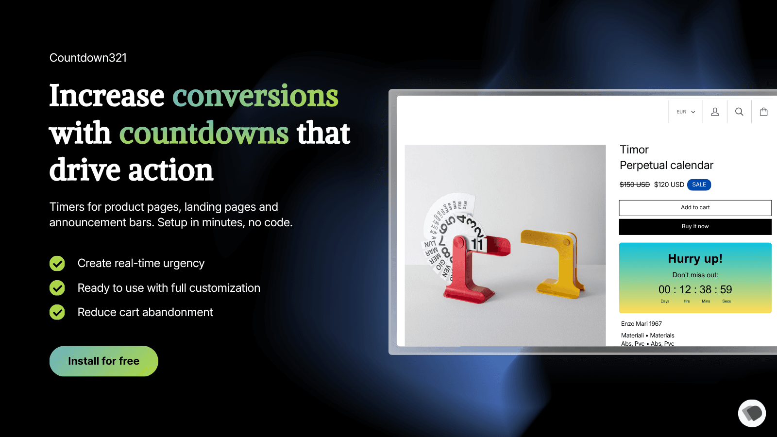Countdown321 hero with product page and countdown timer