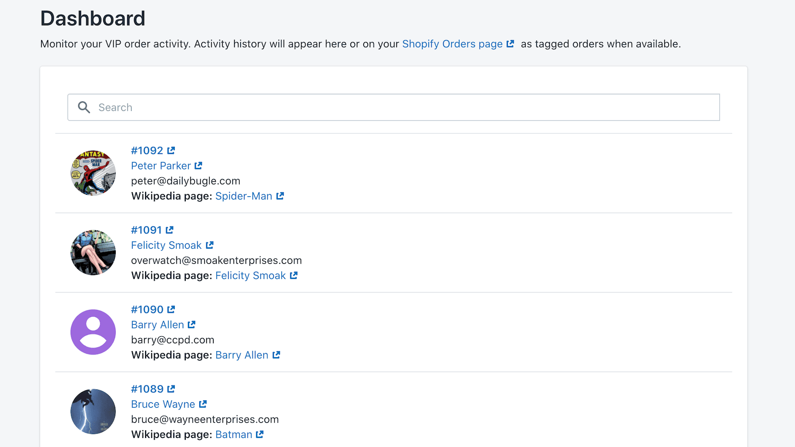 Dashboard of VIP orders