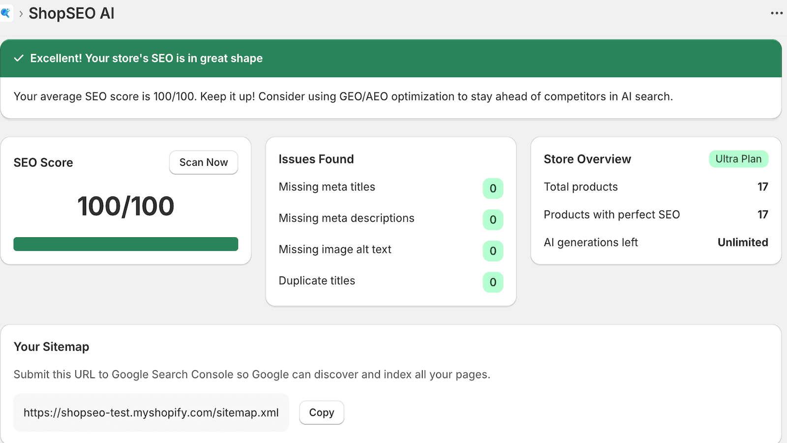 Scan & score all products, fix meta tags, alt text, duplicates
