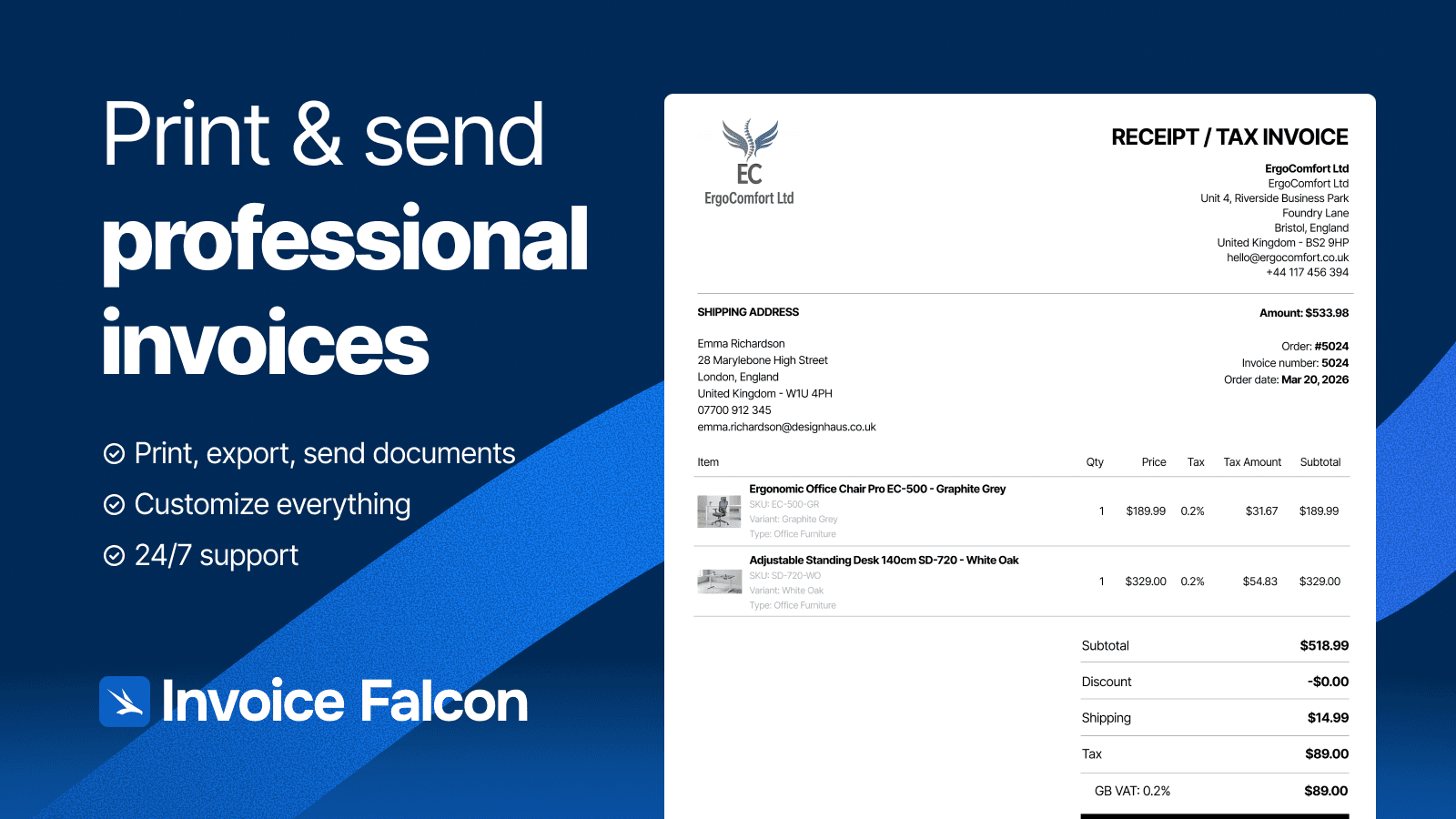 Print, download and send invoices with Invoice Falco