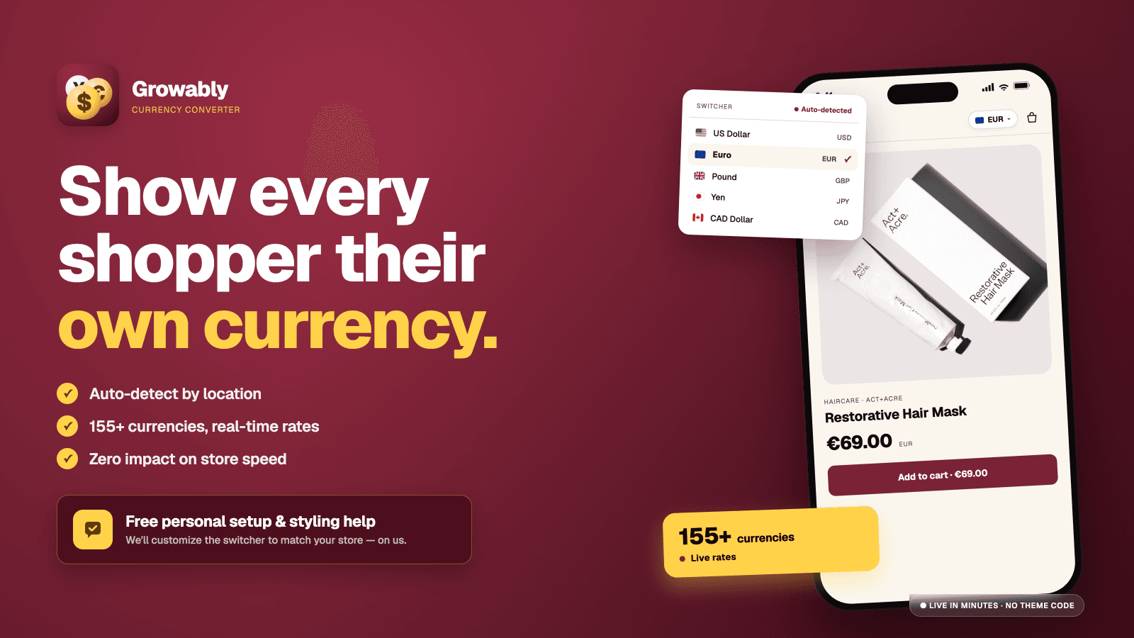 Growably currency widget on storefront with local price display