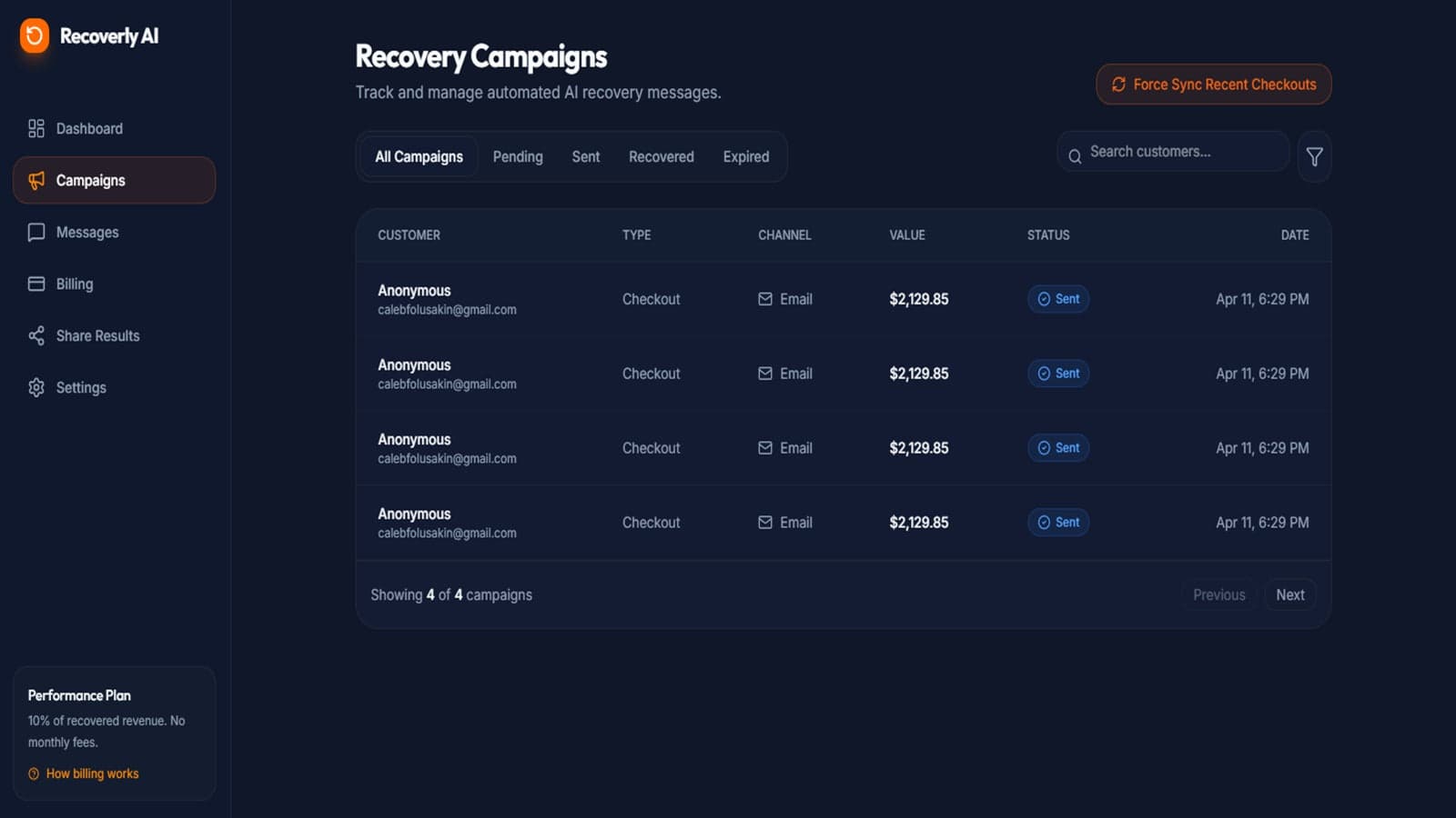 Active customer recovery campaigns list.