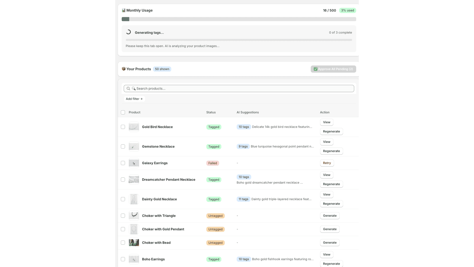 VisionTag AI Dashboard showing monthly usage progress bar and a
