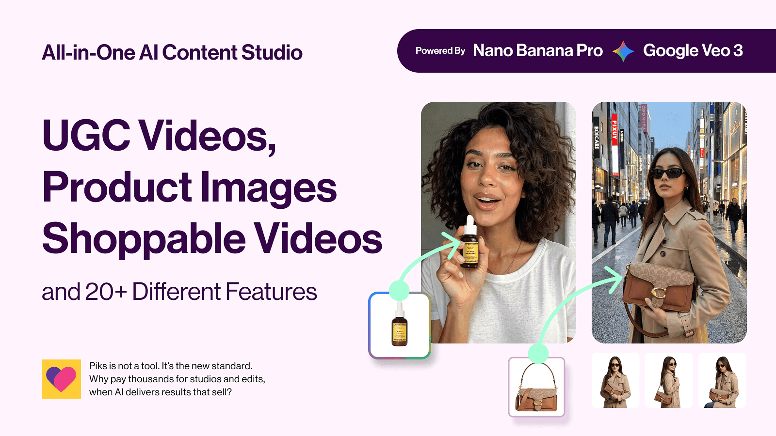 UGC videos, product images, shoppable videos, AI model try-on