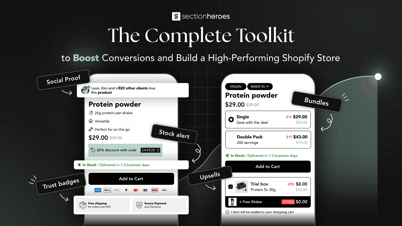 Shopify sections like trust badges, social proof for your theme