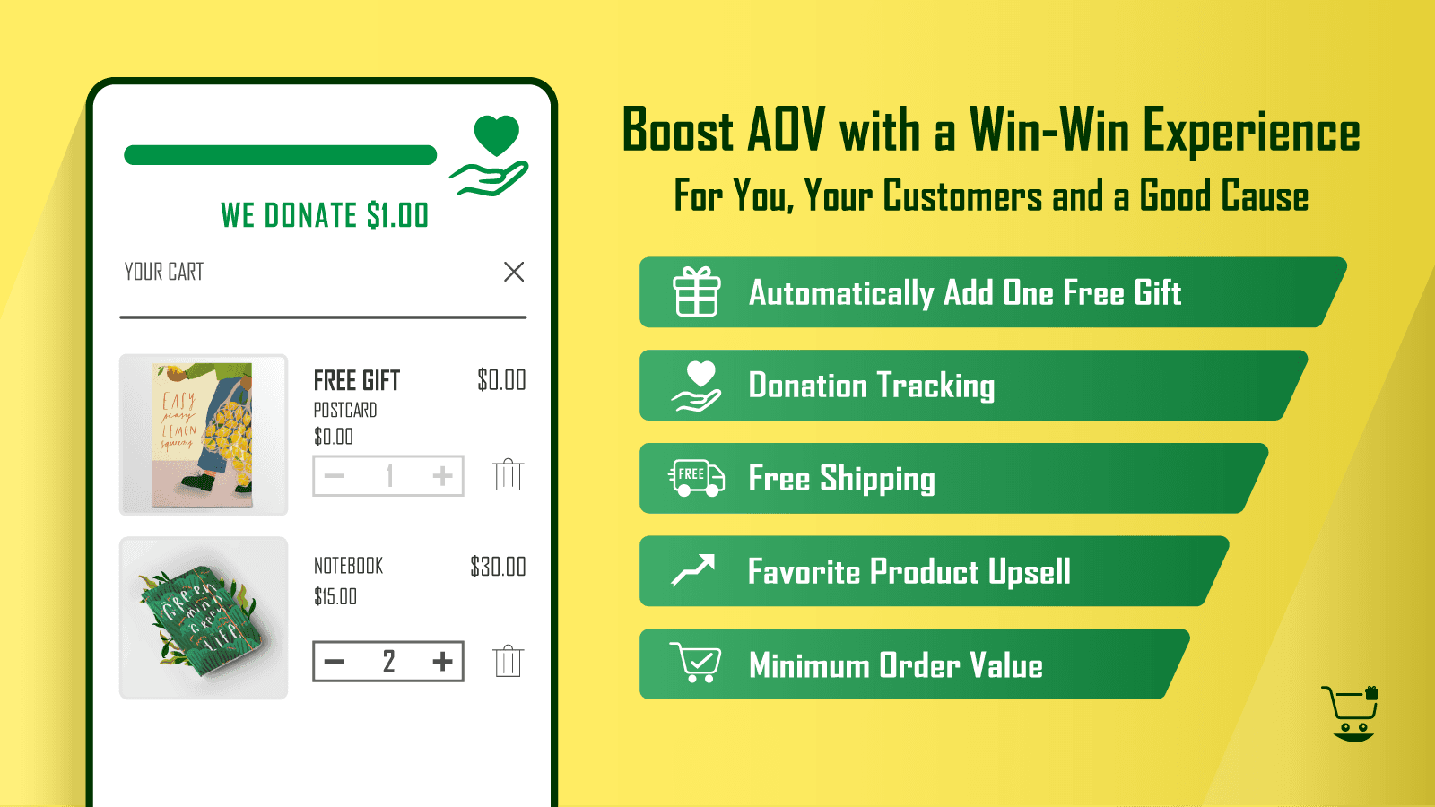 Multi-tier checkout rewards from order minimum to charity & gift
