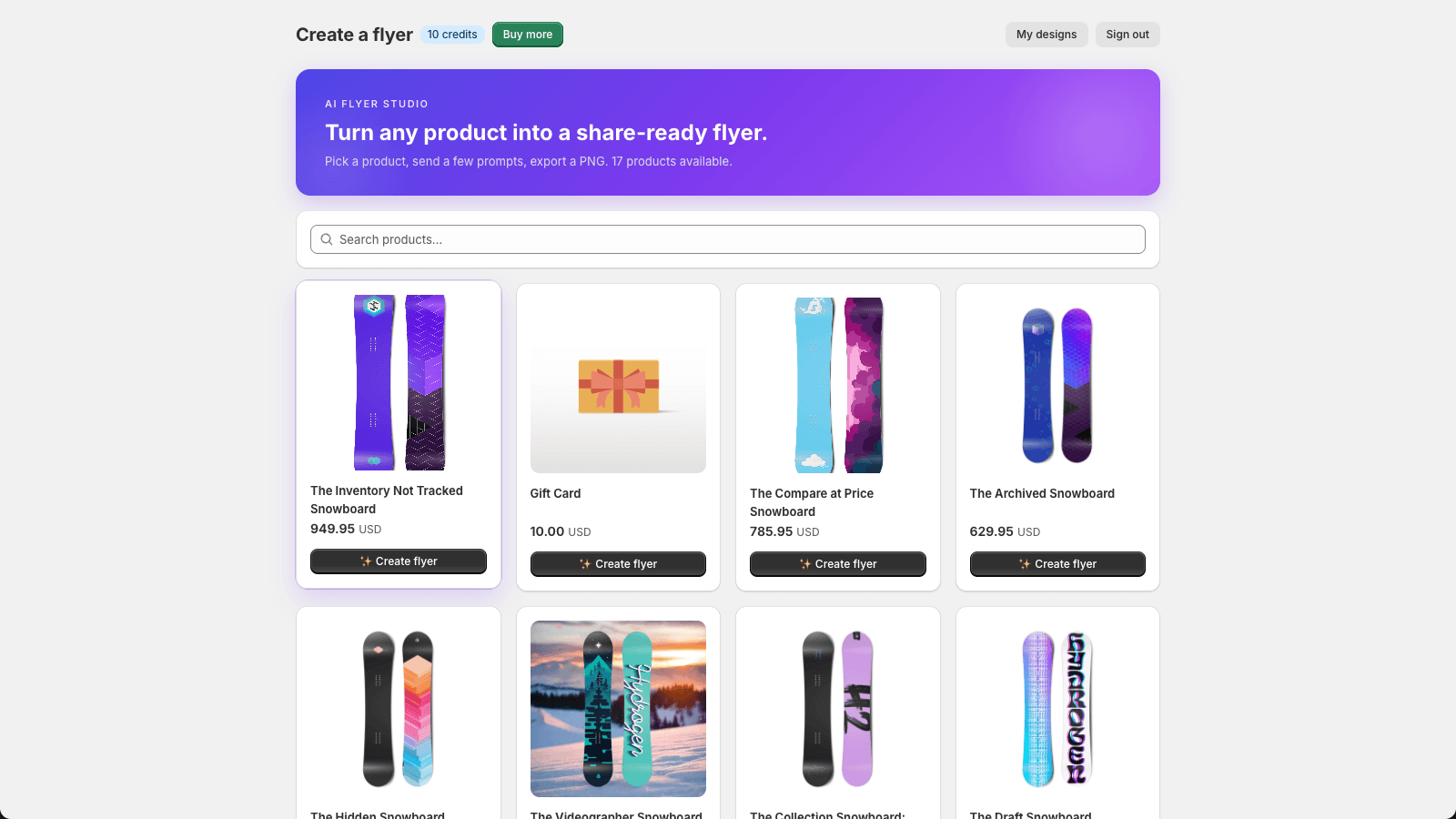 AI flyer maker product picker for Shopify. Ad maker, banner make