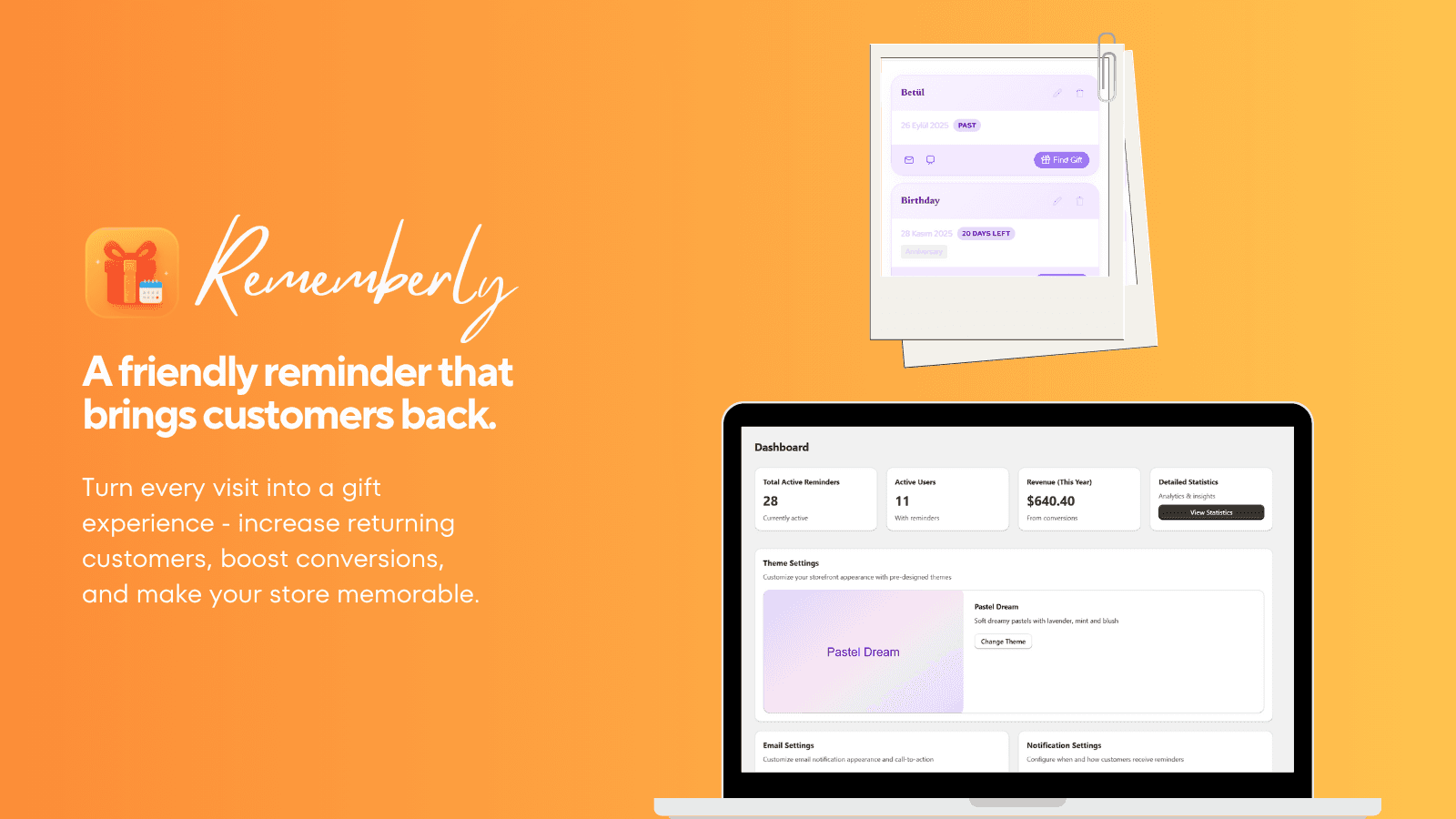 Send gift reminders via email, web push, and popup notifications