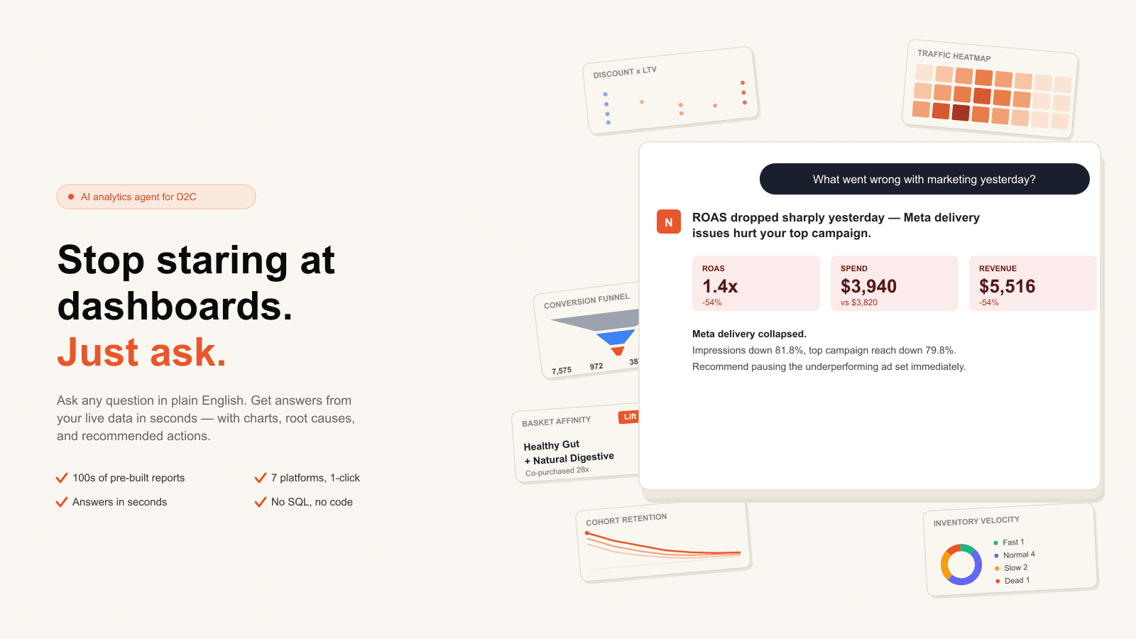 Niblin AI analytics chat answering a D2C revenue question